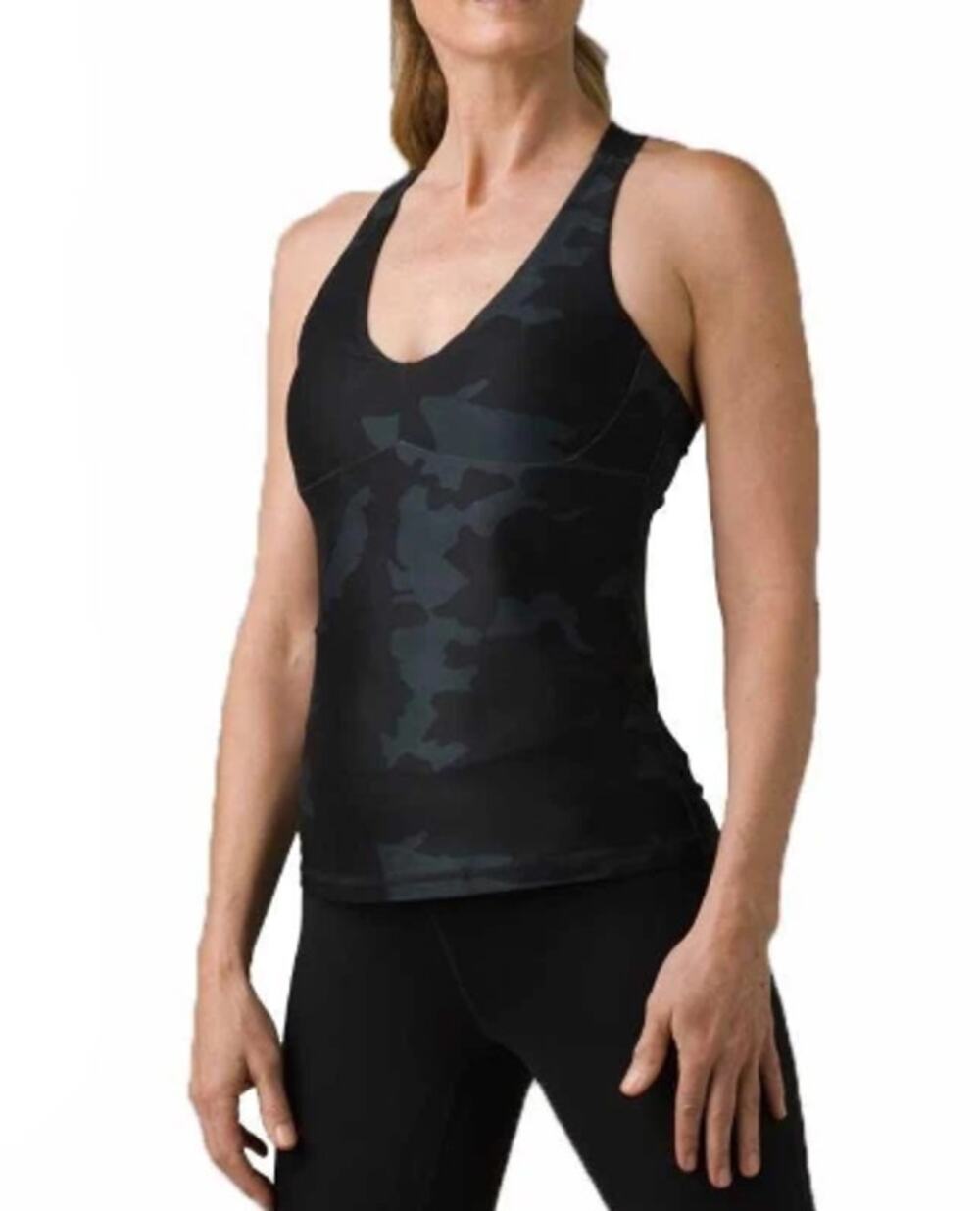 prAna Layna Bra Tank Green Camo Cross Back Athletic Yoga Top Women's Medium
